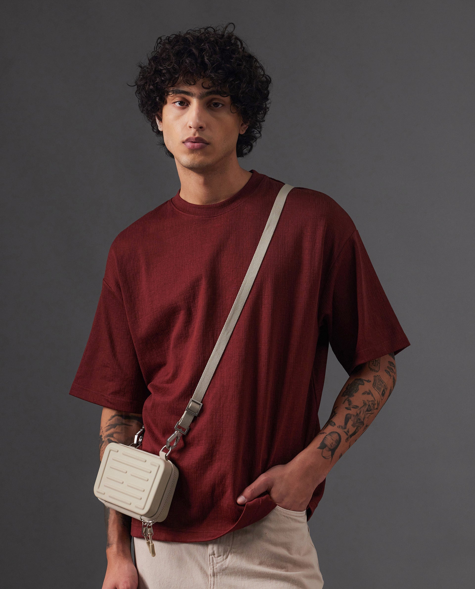 Rare Rabbit Men's Kelos Rust Cotton Blend Plain Oversized Fit Half Sleeve Crew Neck T-Shirt