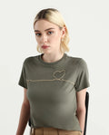 Rareism Women's Keyf Dusky Green Cotton Blend Fabric Crew Neck Regular Fit Printed T-Shirt