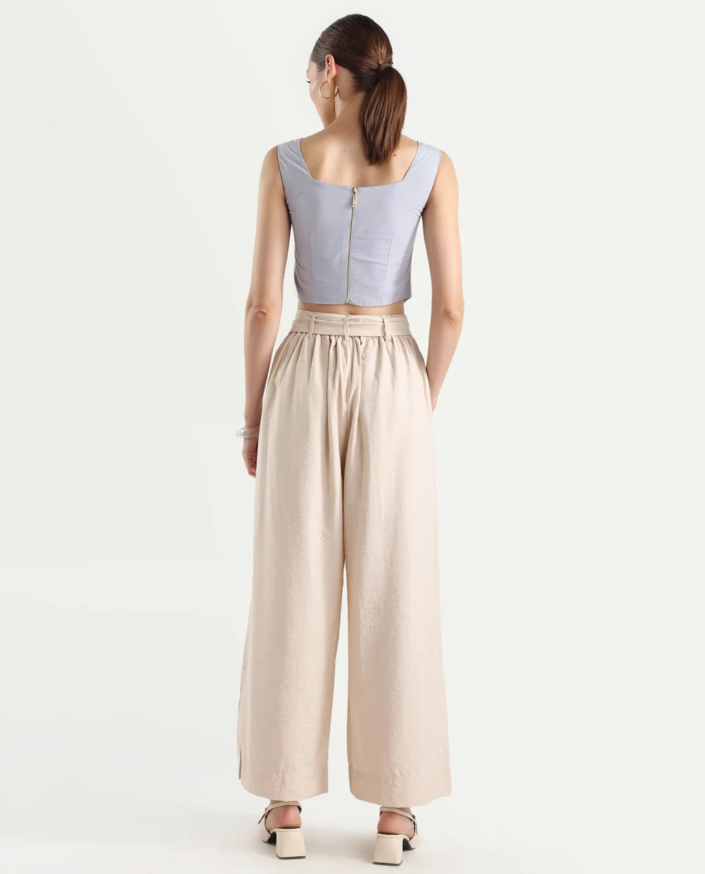 Rareism Women's Kingko Beige Cotton Blend Plain Ankle Length Straight Fit Trouser