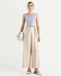 Rareism Women's Kingko Beige Cotton Blend Plain Ankle Length Straight Fit Trouser