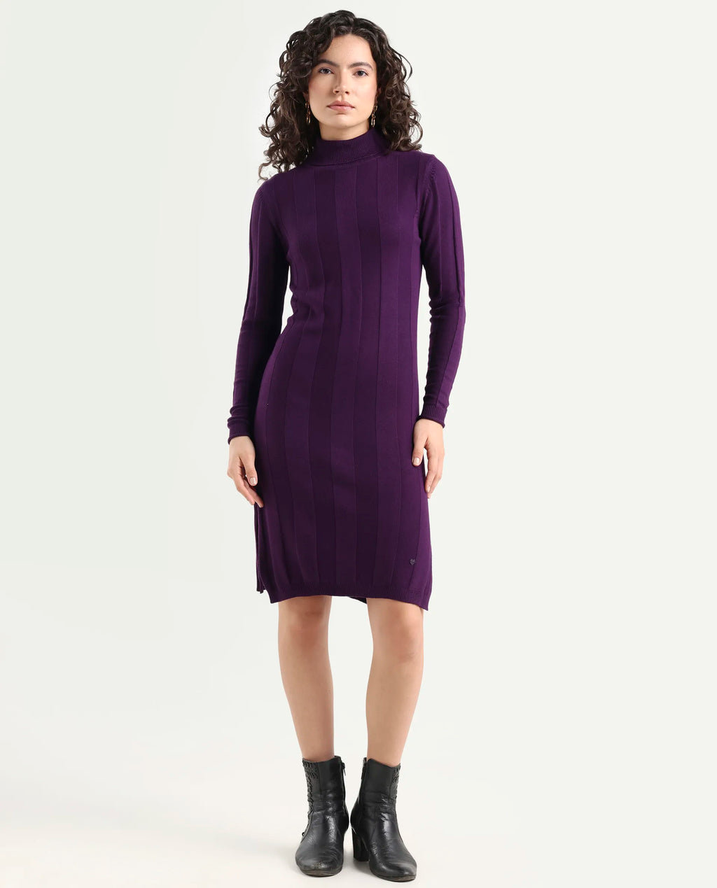 Rareism Women's Knitka Purple Cotton Turtle Neck Striped Knee Length Regular Fit Sweater