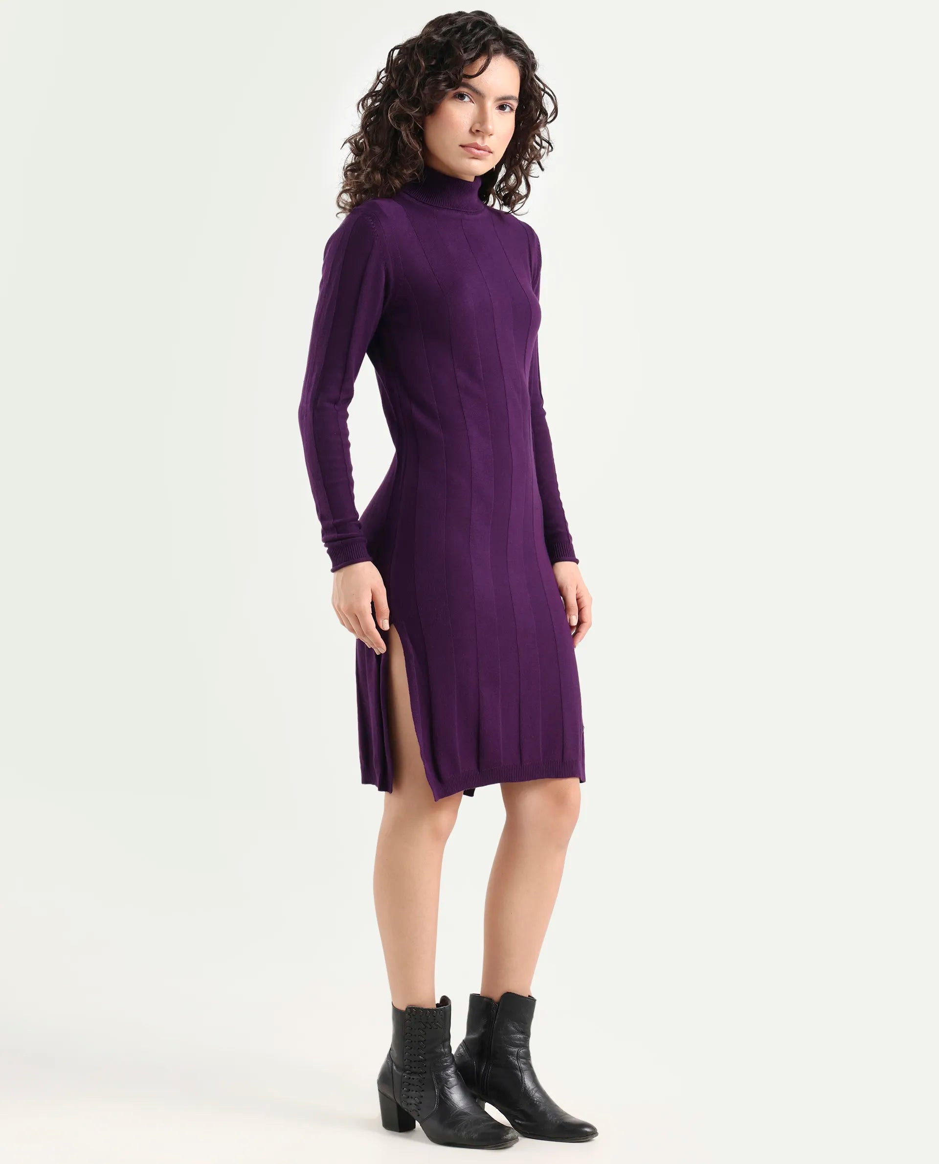 Rareism Women's Knitka Purple Cotton Turtle Neck Striped Knee Length Regular Fit Sweater