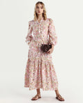 Rareism Women's Koa Light Multi Cotton Blend V-Neck Paisley Print Cuffed Sleeve Midi A-Line Dress