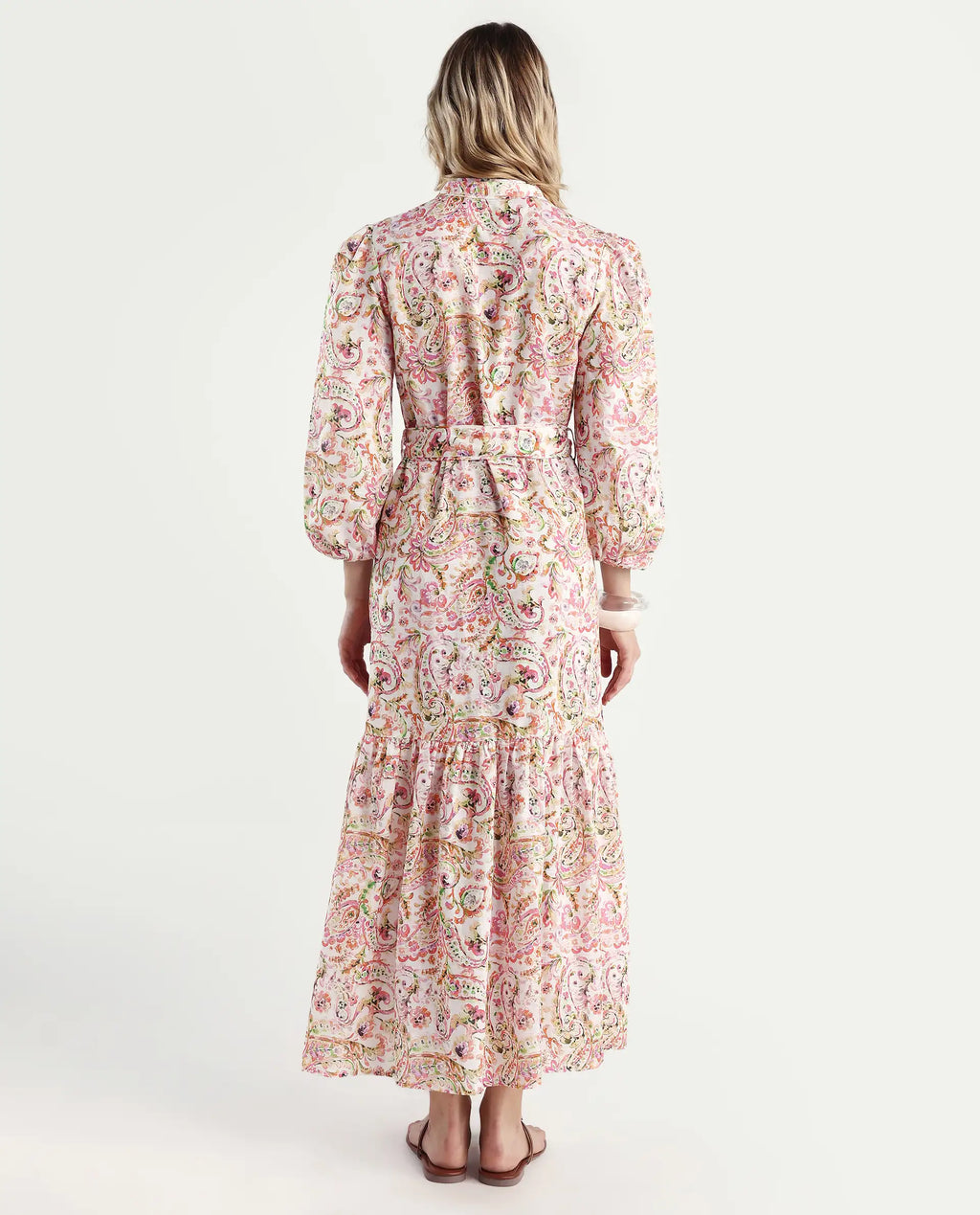 Rareism Women's Koa Light Multi Cotton Blend V-Neck Paisley Print Cuffed Sleeve Midi A-Line Dress