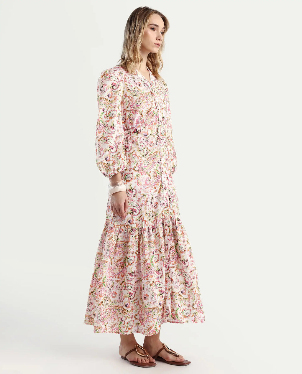 Rareism Women's Koa Light Multi Cotton Blend V-Neck Paisley Print Cuffed Sleeve Midi A-Line Dress
