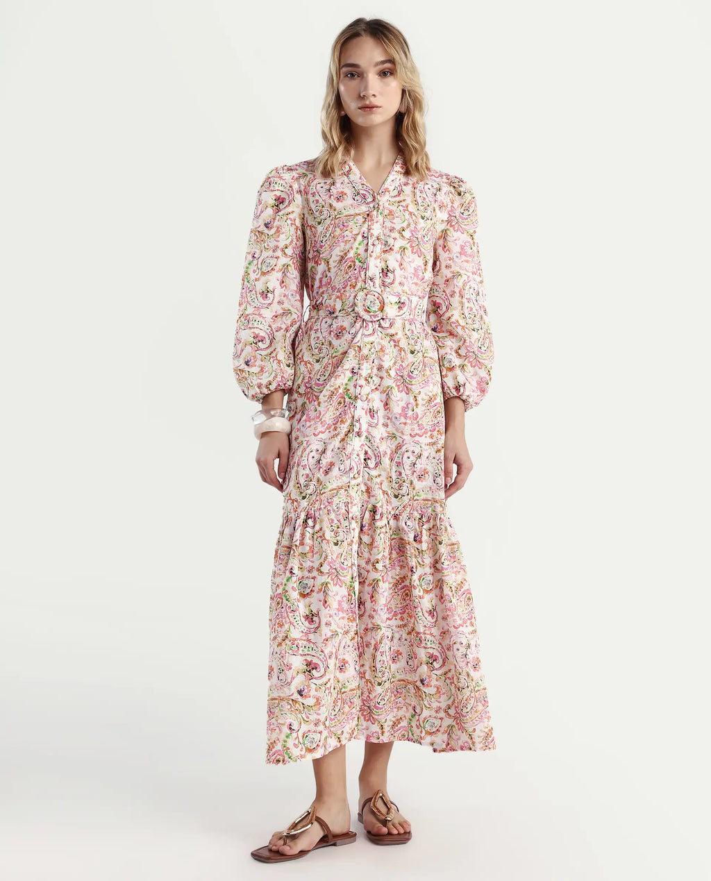 Rareism Women's Koa Light Multi Cotton Blend V-Neck Paisley Print Cuffed Sleeve Midi A-Line Dress