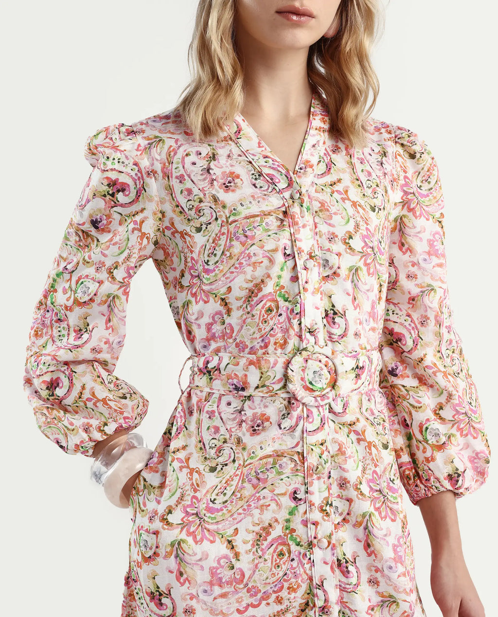 Rareism Women's Koa Light Multi Cotton Blend V-Neck Paisley Print Cuffed Sleeve Midi A-Line Dress