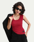 Rareism Women's Krip Red Cotton Boat Neck Plain Sleeveless Regular Fit T-Shirt