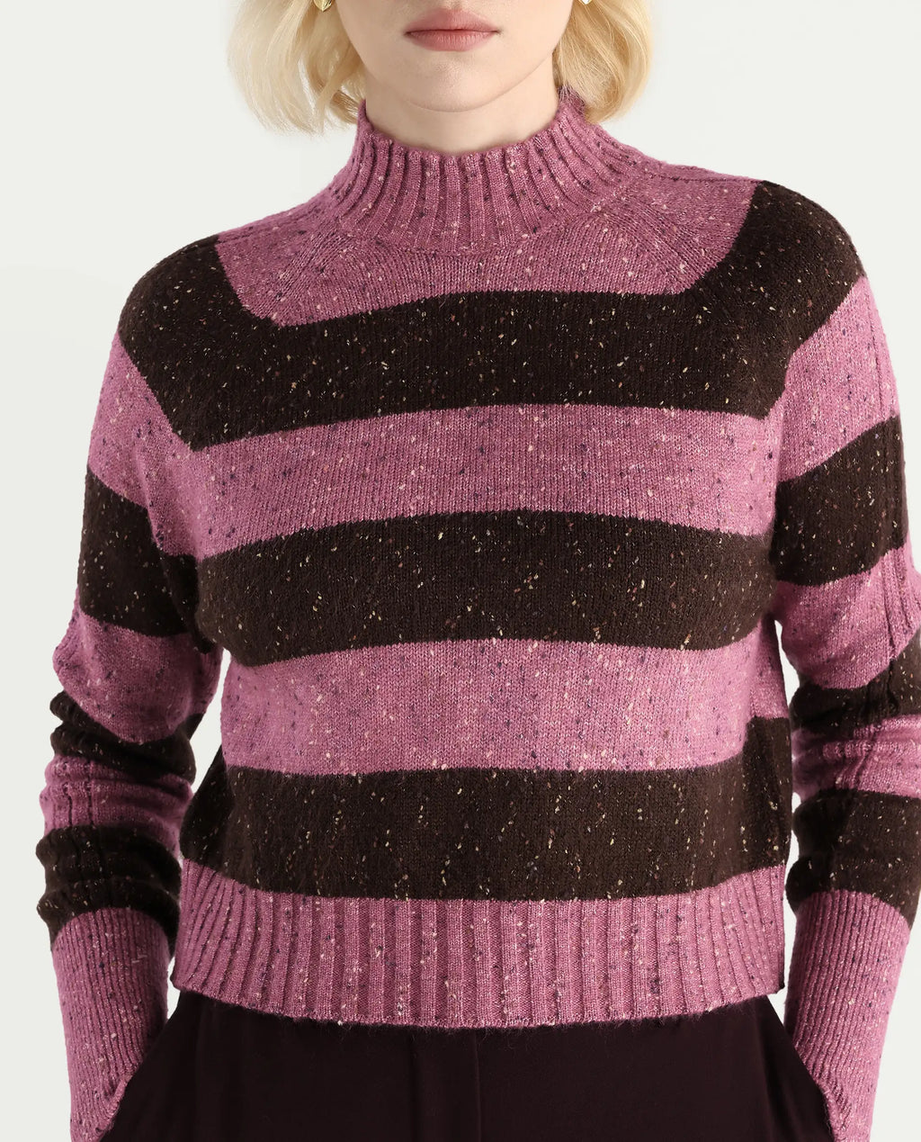 Rareism Women's Kris Dark Brown Acrylic Blend High Neck Relaxed Fit Sweater