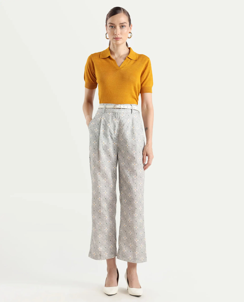 Rareism Women's Kuzal Light Grey Cotton Blend Floral Print Ankle Length Straight Fit Trouser