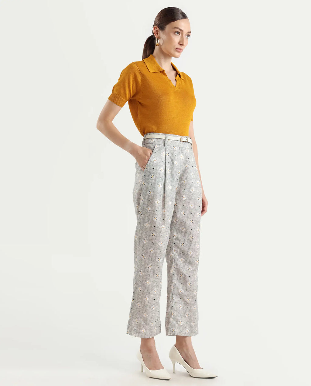 Rareism Women's Kuzal Light Grey Cotton Blend Floral Print Ankle Length Straight Fit Trouser