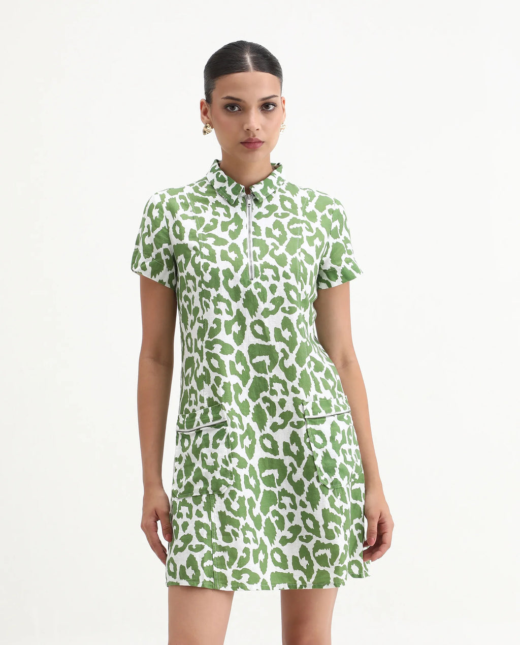 Rareism Women's Kyoti White Linen Spread Collar Abstract Print Regular Fit Dress