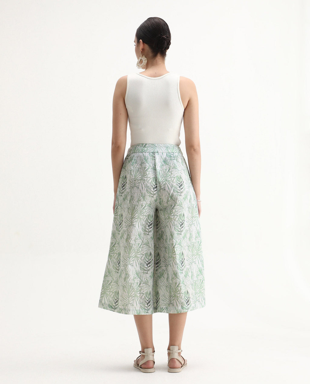 Rareism Women's Lakar Off White Linen Abstract Print Midi Flared Trouser