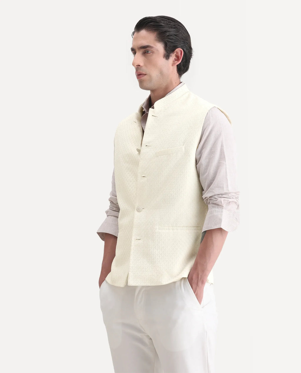 Rare Rabbit Men's Guild Festive Lasmos B1 Off White Polyester Blend Embroidered Regular Fit Sleeveless Mandarin Collar Bandhgala Rare Rabbit Men's Lasmos-B1 Beige Polyester Blend Embroidered Regular Fit Sleeveless Mandarin Collar Bandhgala Nehru Jacket