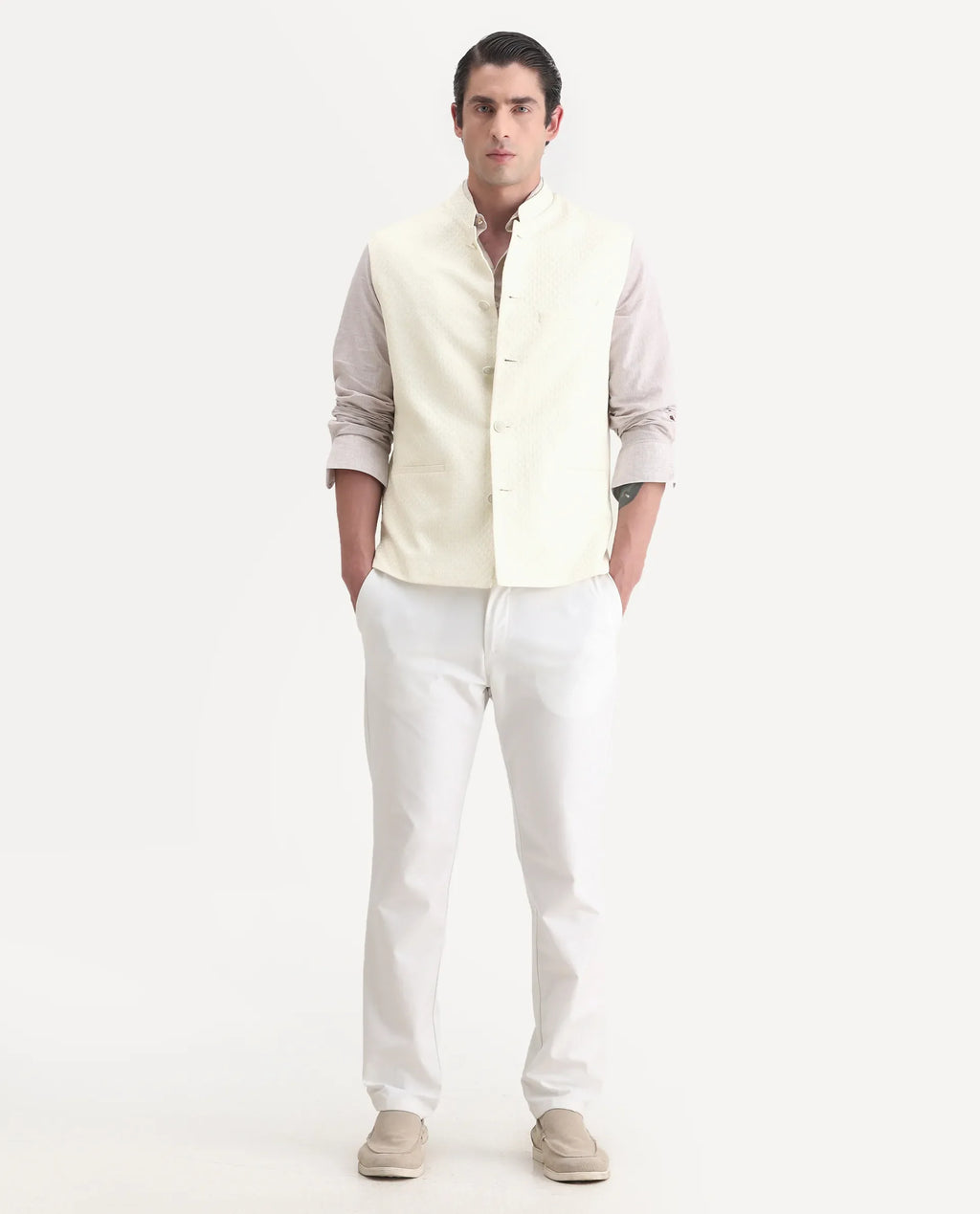 Rare Rabbit Men's Guild Festive Lasmos B1 Off White Polyester Blend Embroidered Regular Fit Sleeveless Mandarin Collar Bandhgala Rare Rabbit Men's Lasmos-B1 Beige Polyester Blend Embroidered Regular Fit Sleeveless Mandarin Collar Bandhgala Nehru Jacket