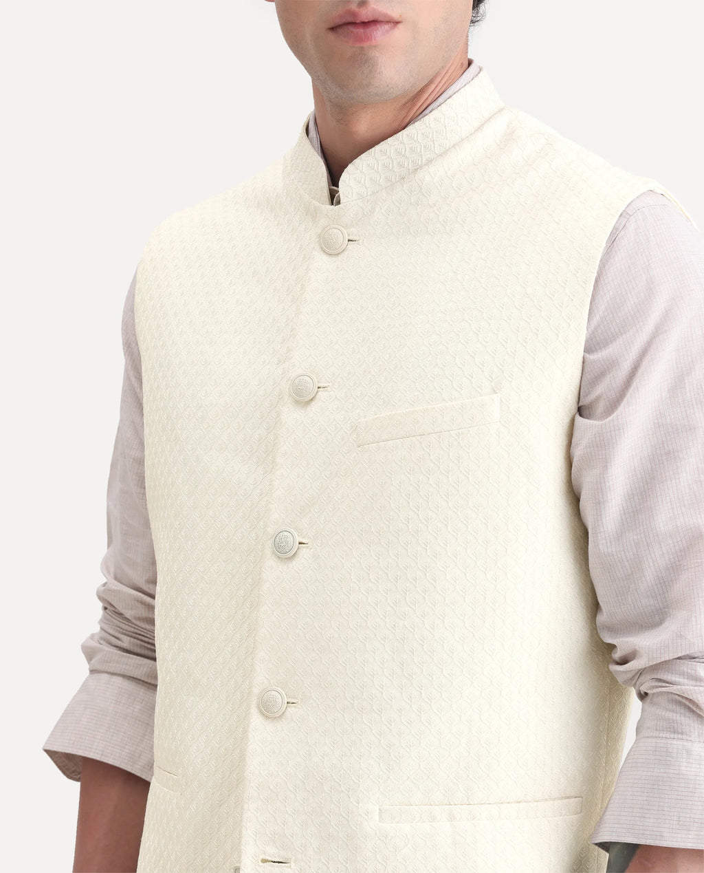 Rare Rabbit Men's Guild Festive Lasmos B1 Off White Polyester Blend Embroidered Regular Fit Sleeveless Mandarin Collar Bandhgala Rare Rabbit Men's Lasmos-B1 Beige Polyester Blend Embroidered Regular Fit Sleeveless Mandarin Collar Bandhgala Nehru Jacket