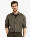 Rare Rabbit Men's Lewi Olive Cotton Plain Boxy Fit Full Sleeve Collared Shirt