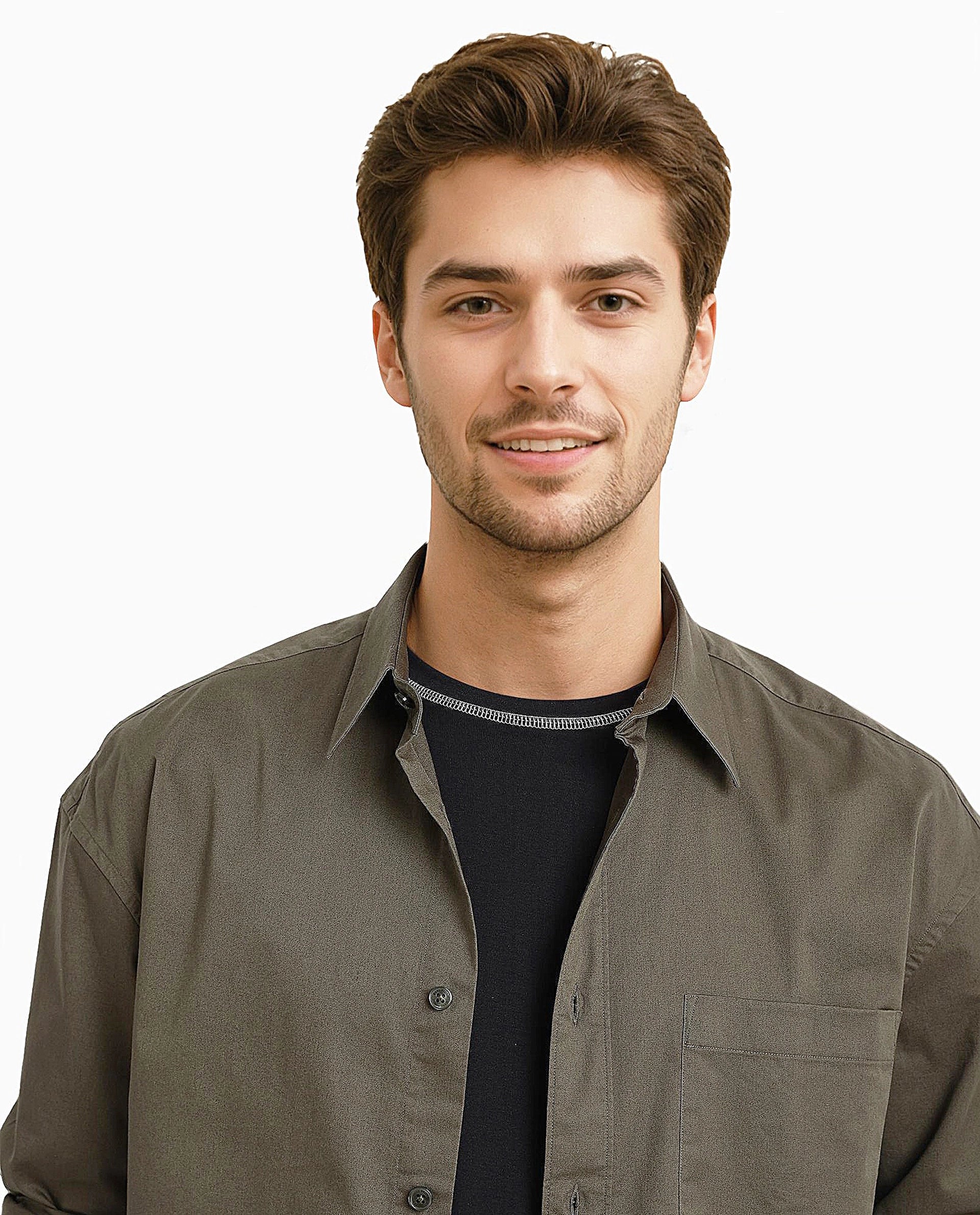 Rare Rabbit Men's Lewi Olive Cotton Plain Boxy Fit Full Sleeve Collared Shirt