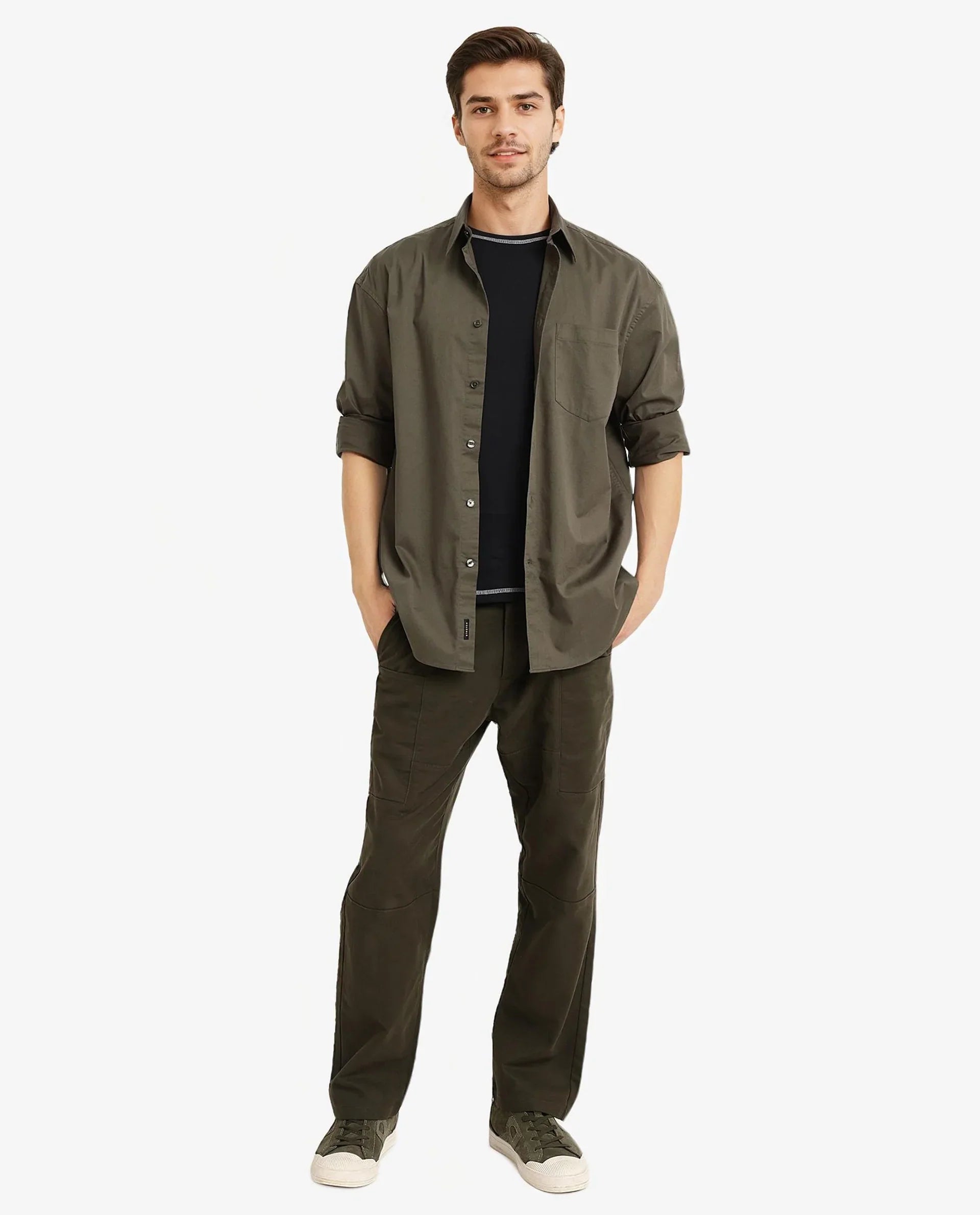 Rare Rabbit Men's Lewi Olive Cotton Plain Boxy Fit Full Sleeve Collared Shirt