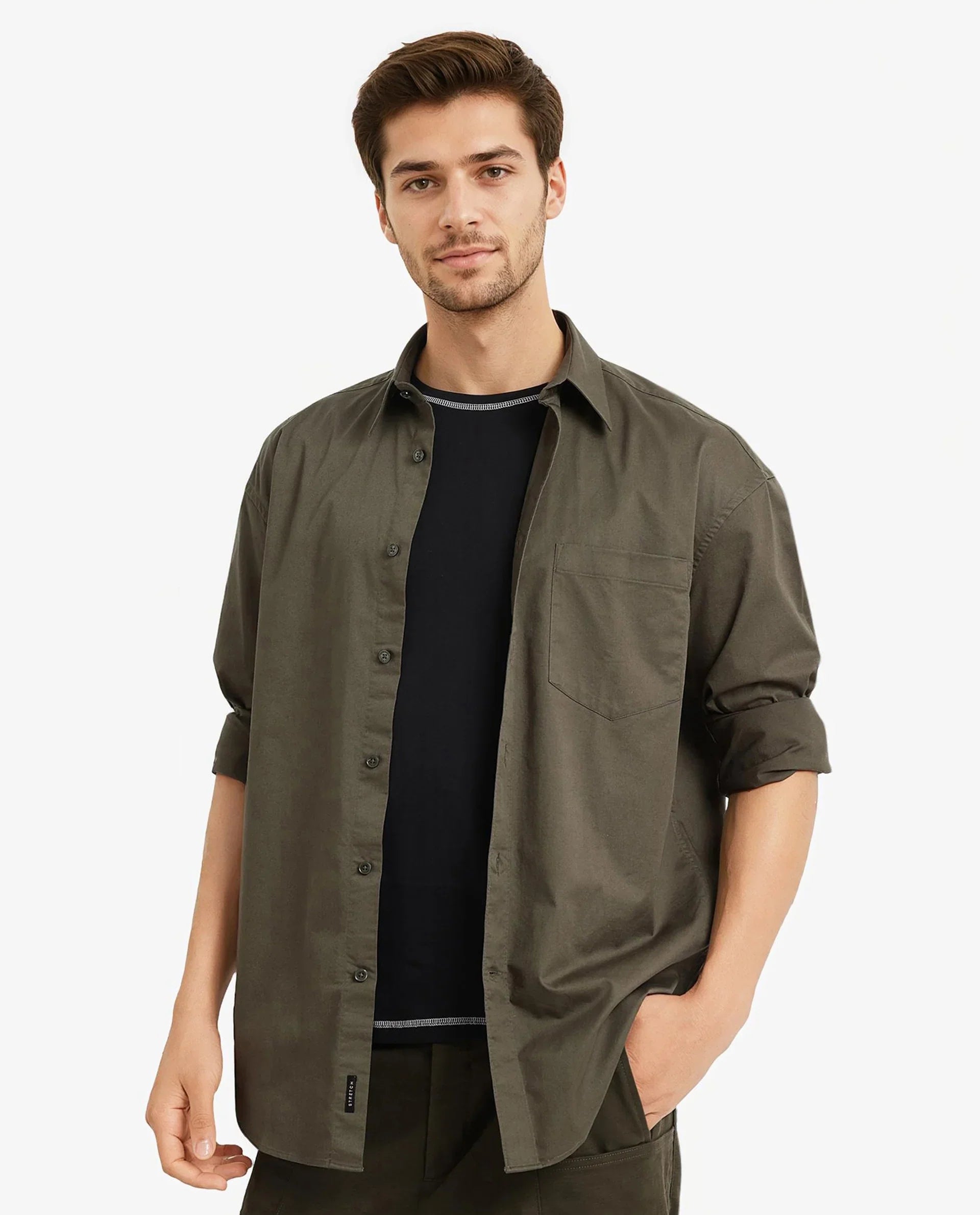 Rare Rabbit Men's Lewi Olive Cotton Plain Boxy Fit Full Sleeve Collared Shirt