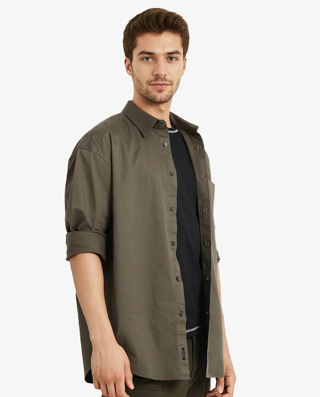 Rare Rabbit Men's Lewi Olive Cotton Plain Boxy Fit Full Sleeve Collared Shirt