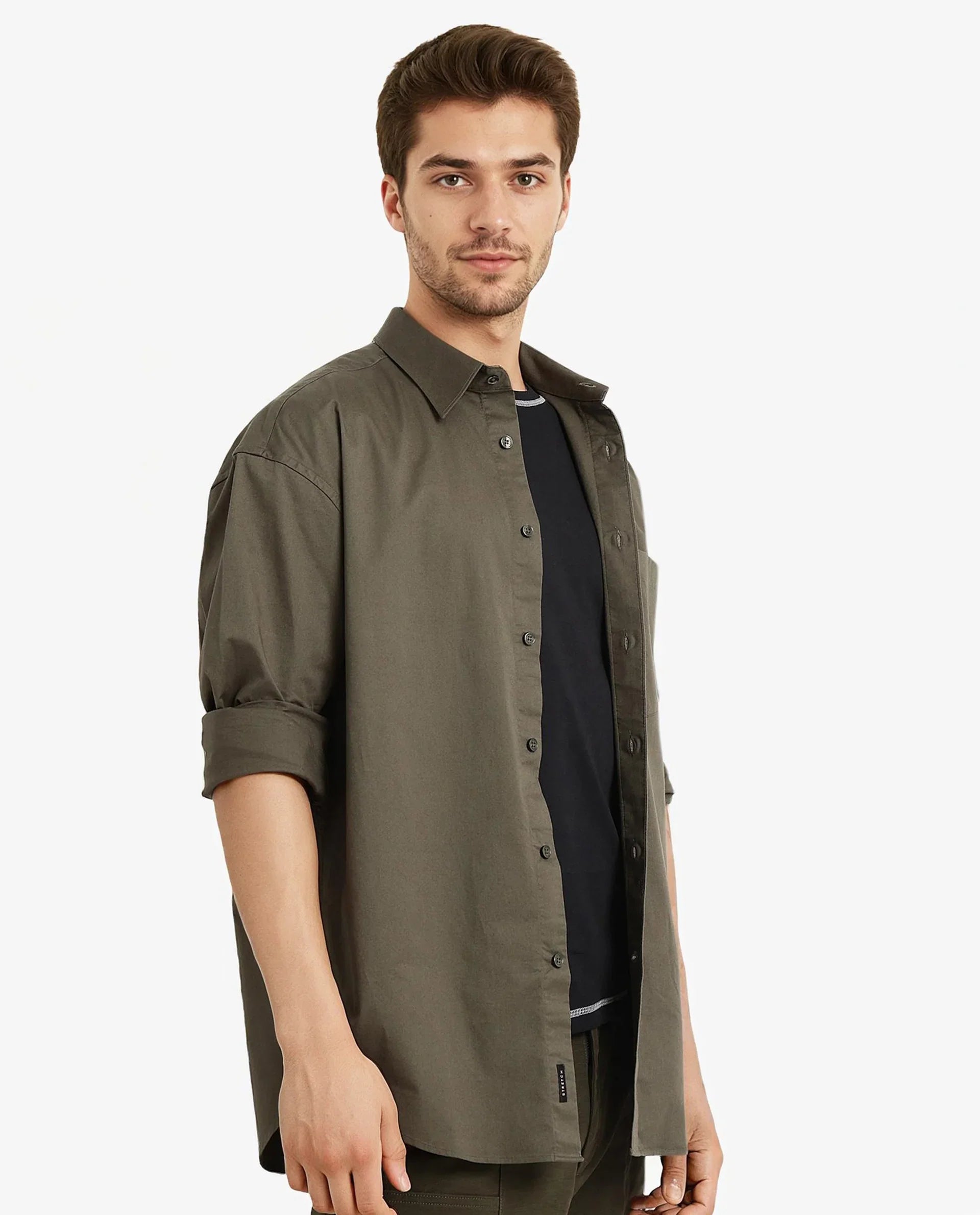 Rare Rabbit Men's Lewi Olive Cotton Plain Boxy Fit Full Sleeve Collared Shirt