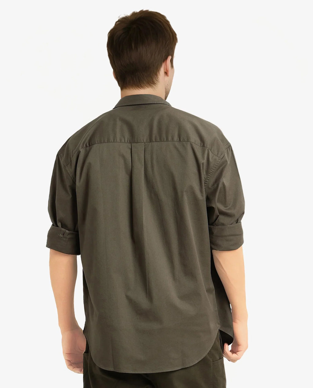 Rare Rabbit Men's Lewi Olive Cotton Plain Boxy Fit Full Sleeve Collared Shirt
