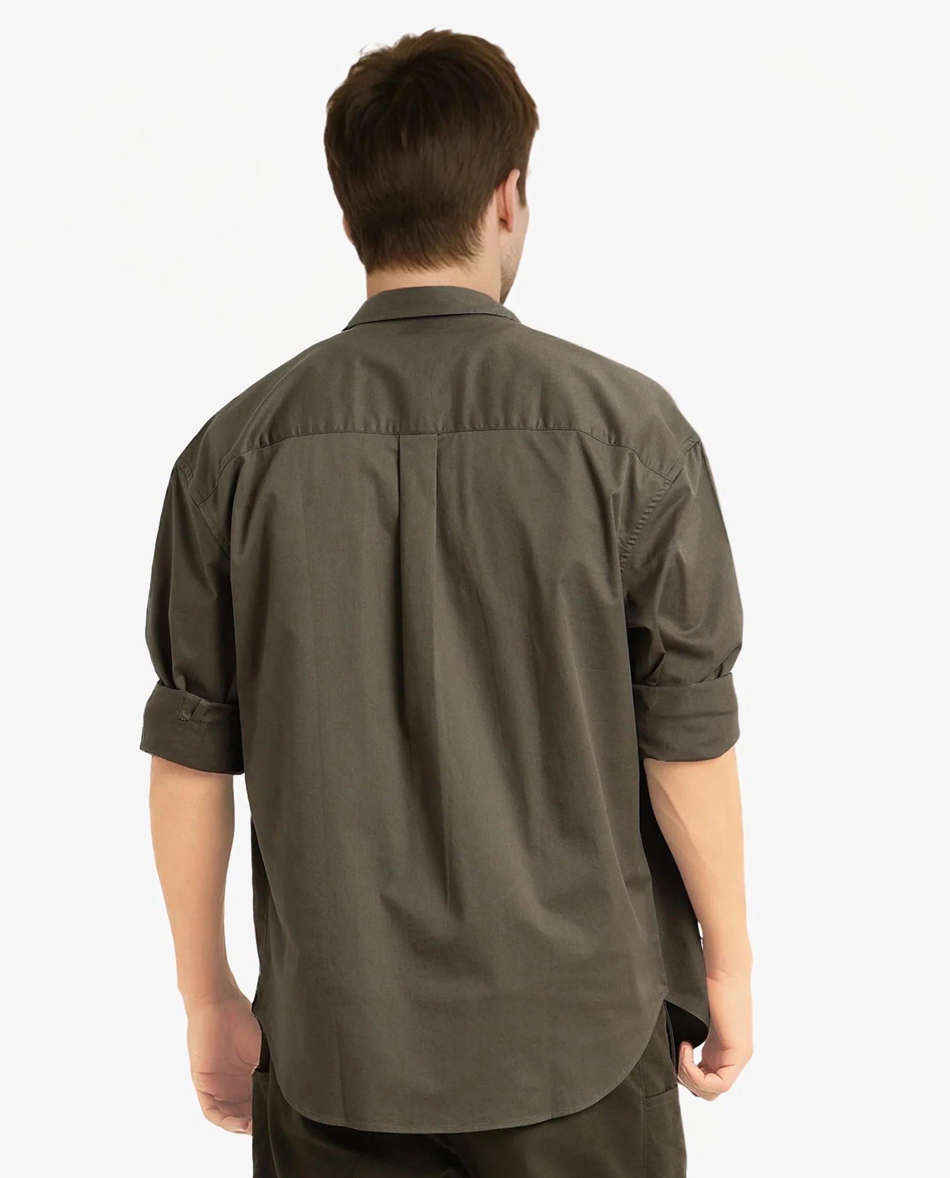 Rare Rabbit Men's Lewi Olive Cotton Plain Boxy Fit Full Sleeve Collared Shirt