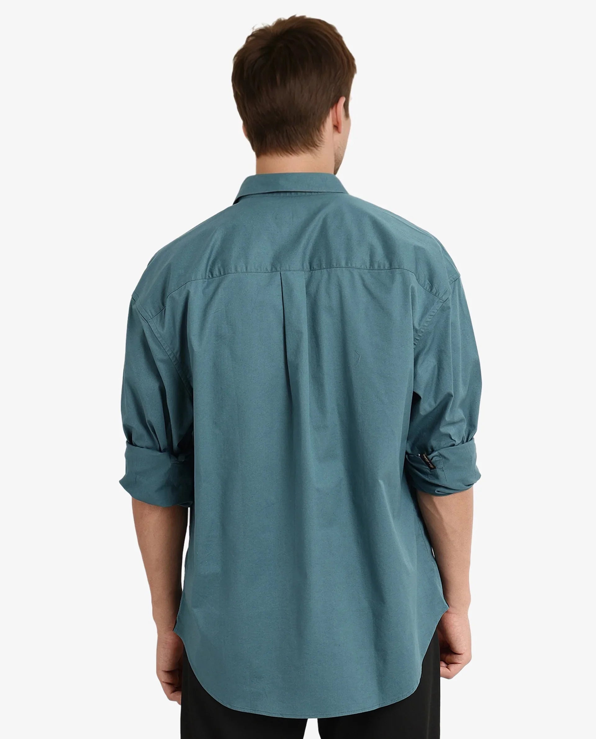Rare Rabbit Men's Lewi Teal Cotton Plain Boxy Fit Full Sleeve Collared Shirt