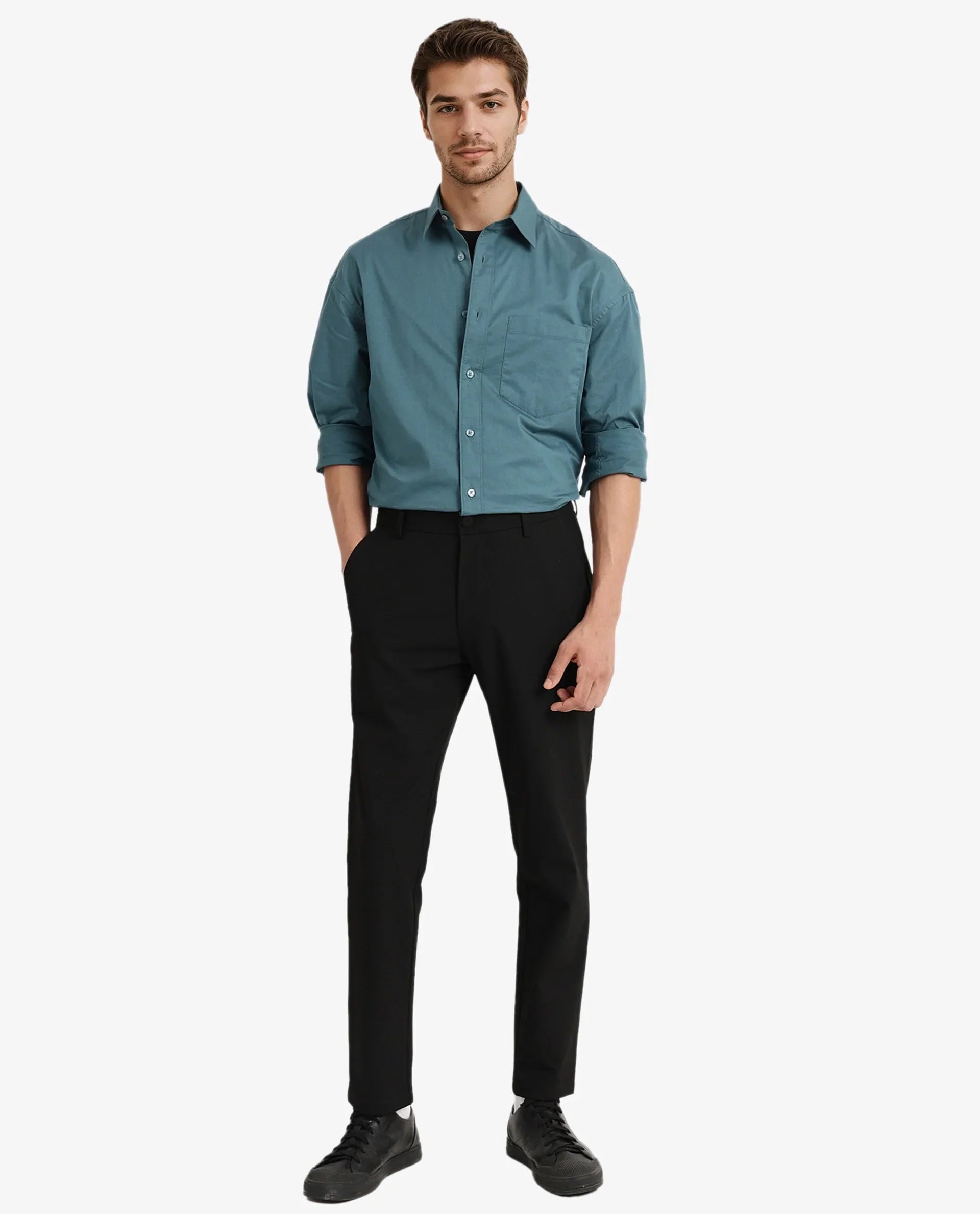 Rare Rabbit Men's Lewi Teal Cotton Plain Boxy Fit Full Sleeve Collared Shirt
