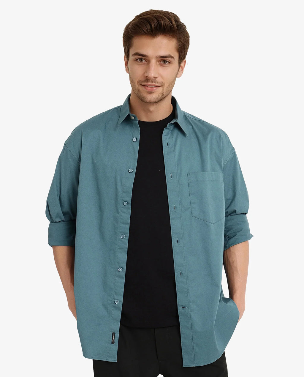Rare Rabbit Men's Lewi Teal Cotton Plain Boxy Fit Full Sleeve Collared Shirt