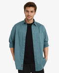 Rare Rabbit Men's Lewi Teal Cotton Plain Boxy Fit Full Sleeve Collared Shirt