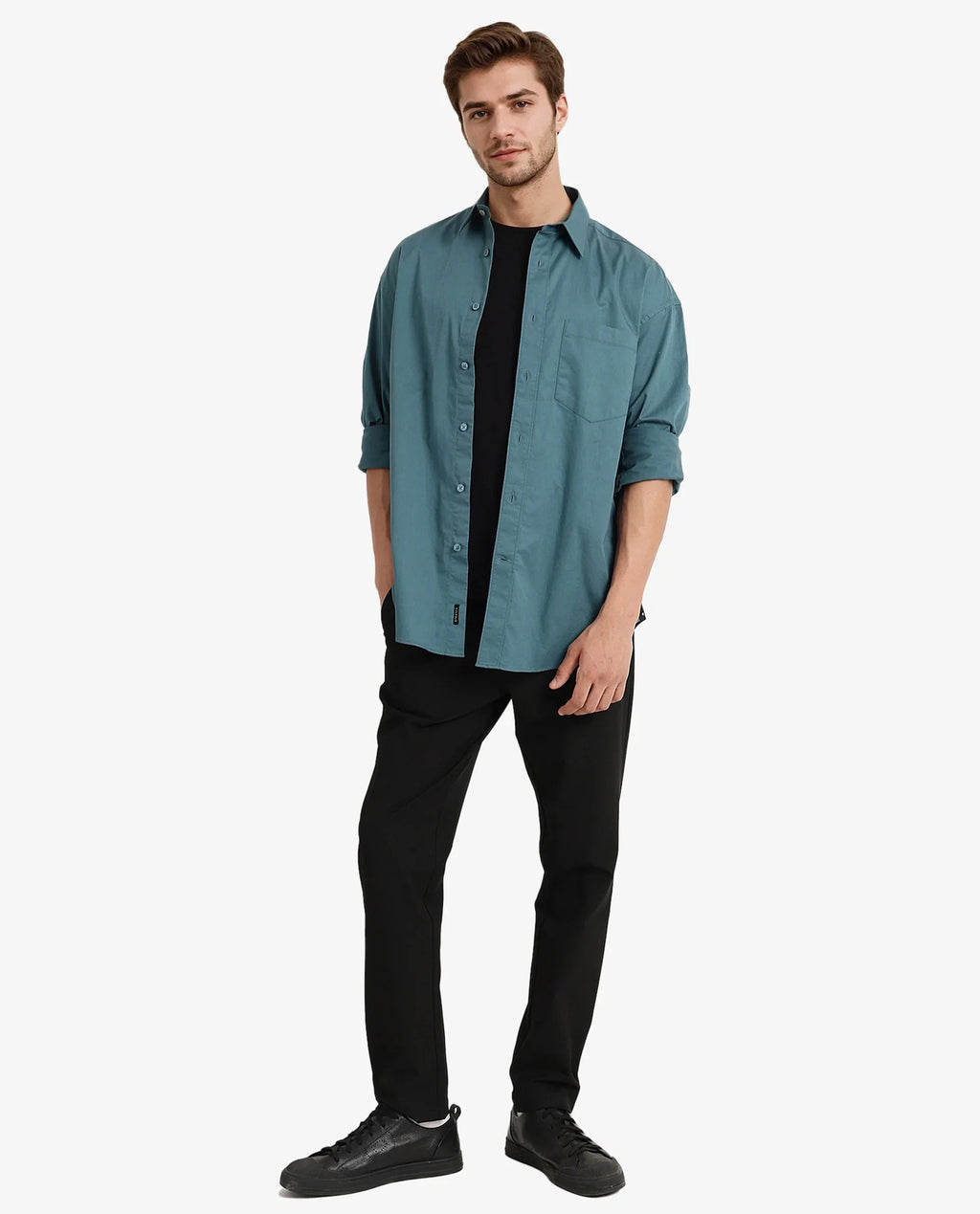 Rare Rabbit Men's Lewi Teal Cotton Plain Boxy Fit Full Sleeve Collared Shirt