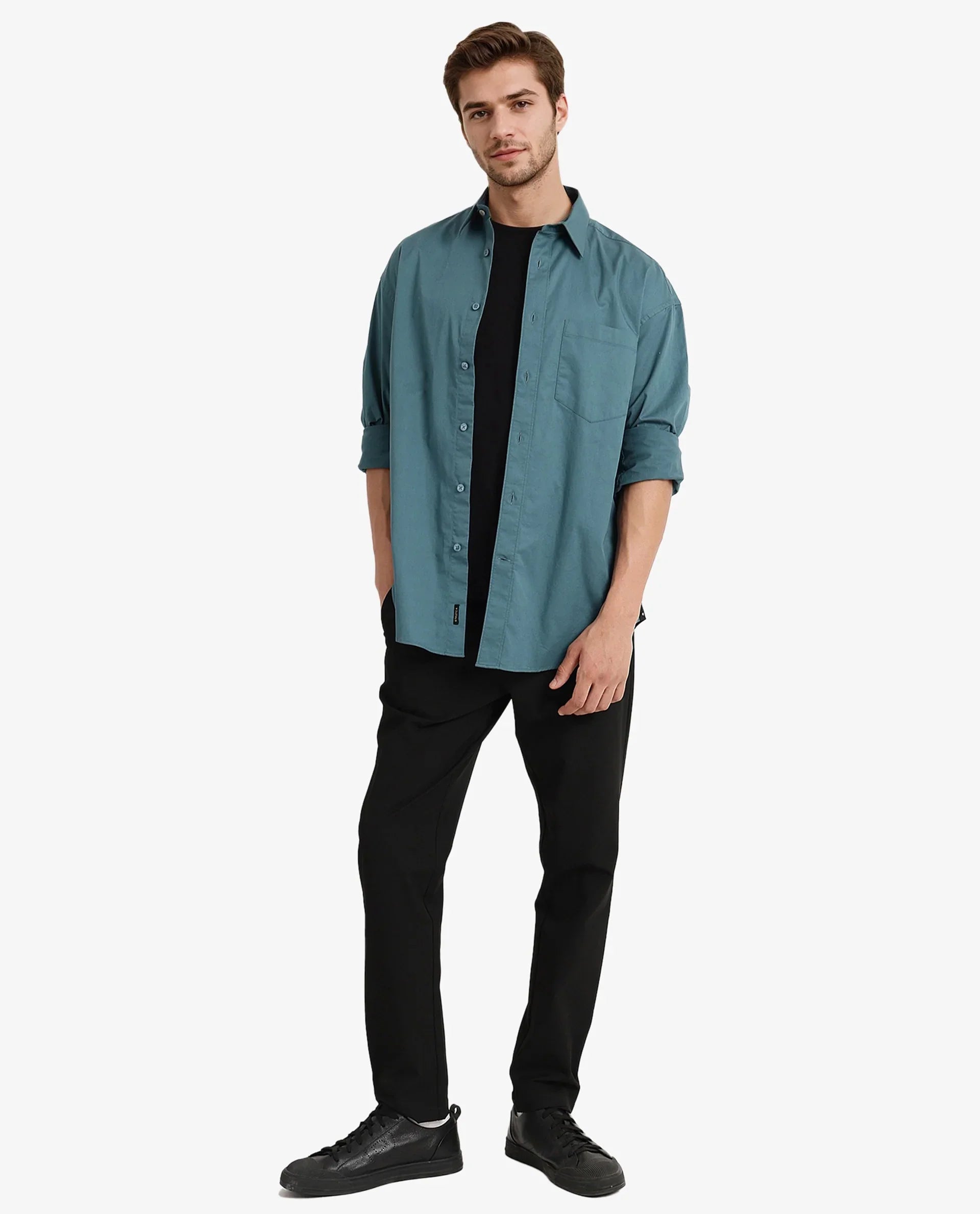 Rare Rabbit Men's Lewi Teal Cotton Plain Boxy Fit Full Sleeve Collared Shirt