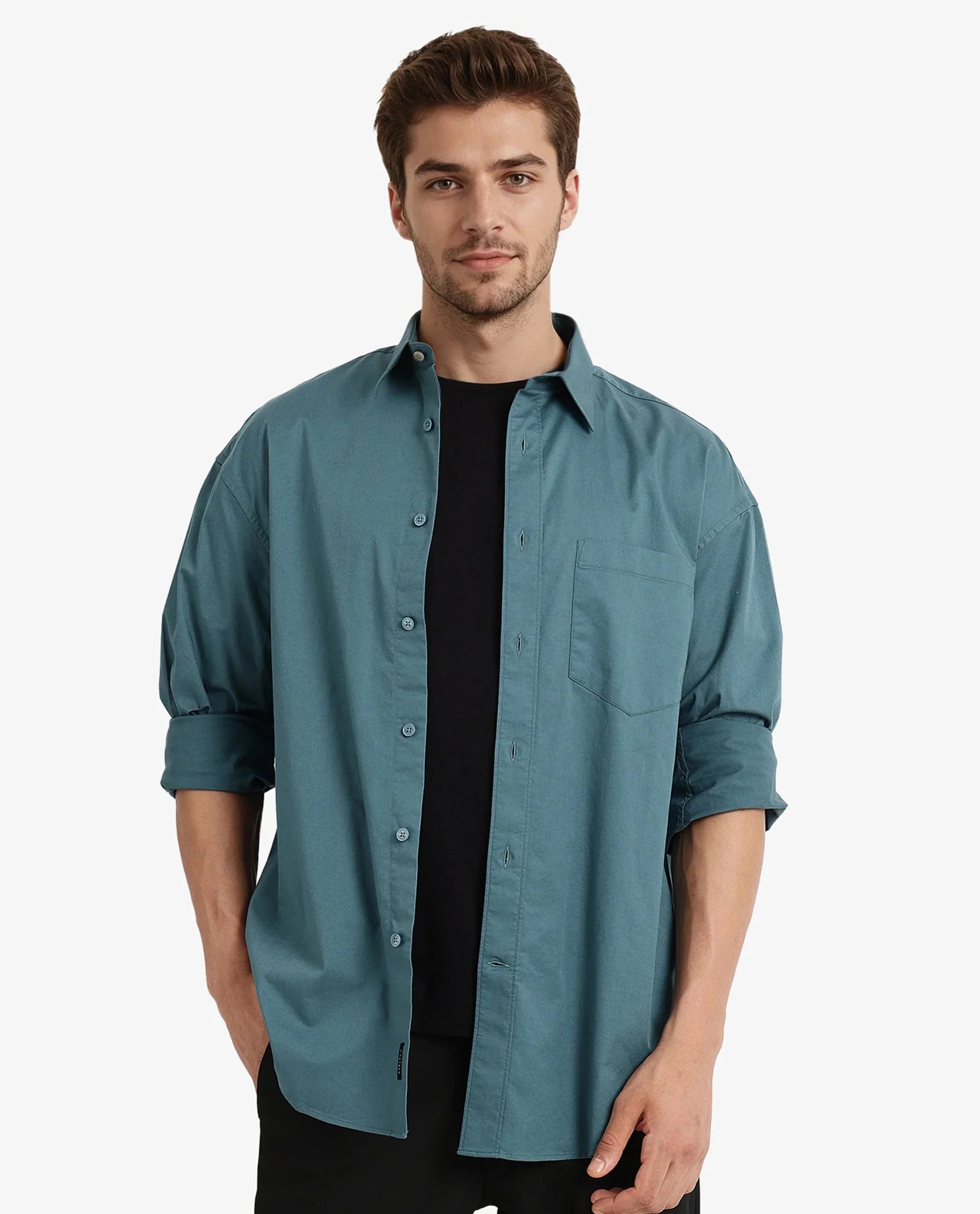 Rare Rabbit Men's Lewi Teal Cotton Plain Boxy Fit Full Sleeve Collared Shirt