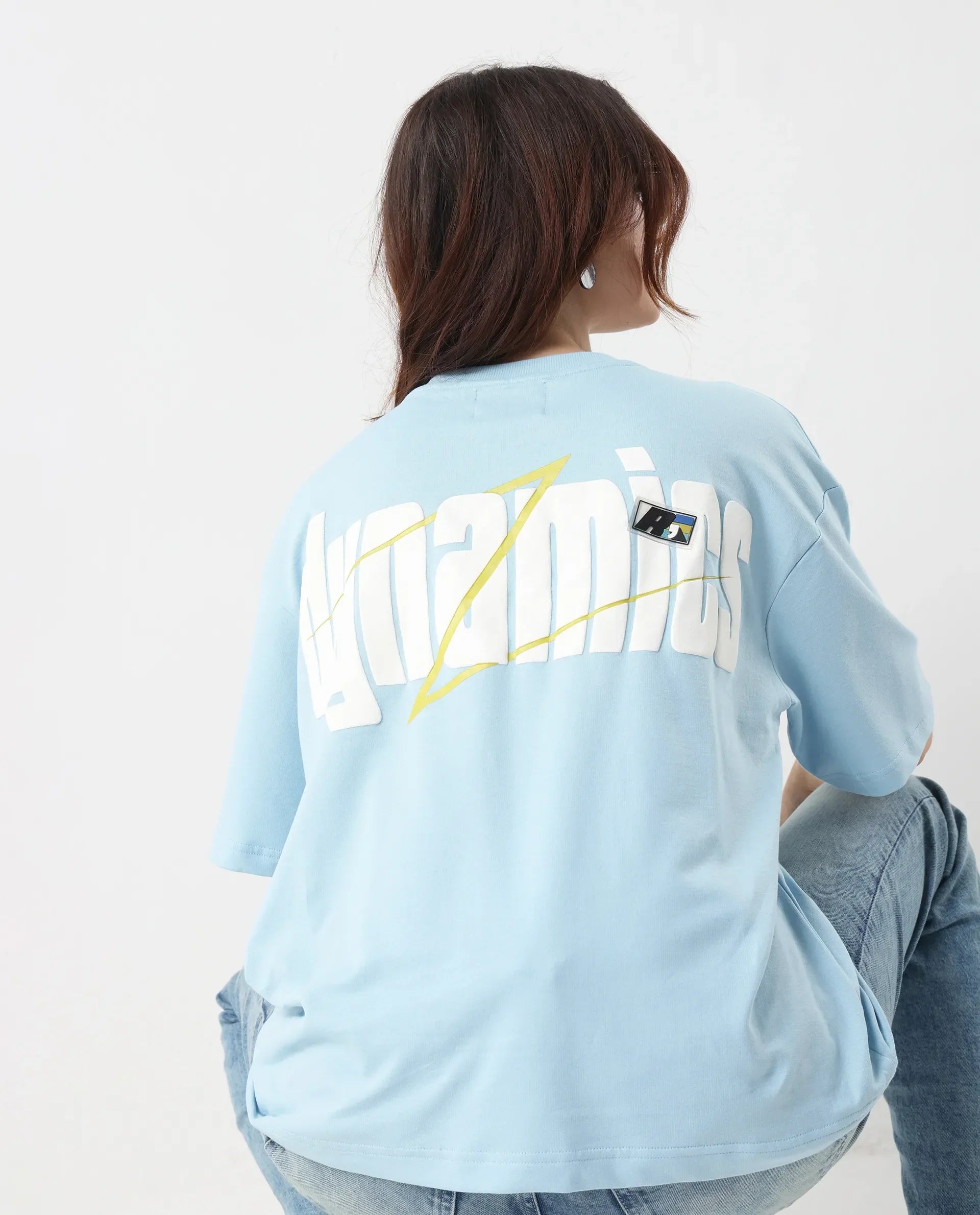 Rareism Women's Liche Blue Cotton Graphic Print Oversized T-Shirt