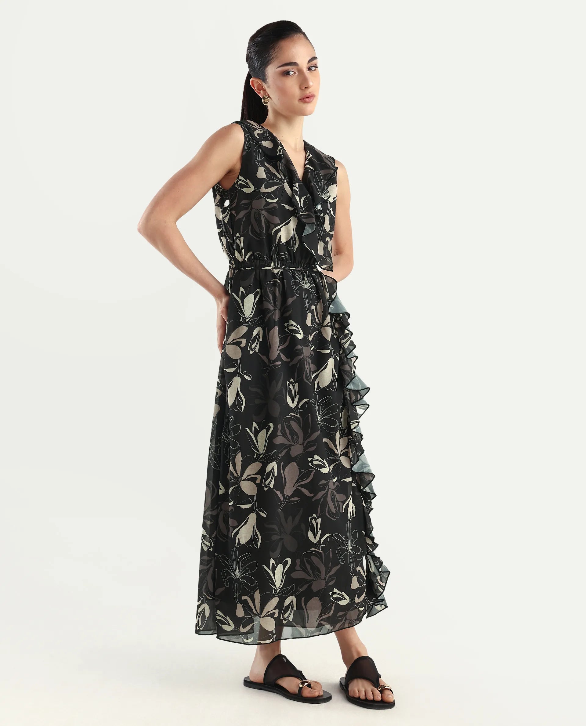 Rareism Women's Licia Black Cotton Blend Overlap Neck Floral Print Sleeveless Maxi A-Line Dress