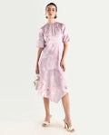 Rareism Women's Limoges Dusky Pink Satin Round Neck Floral Print Balloon Sleeve Midi Fit And Flare Dress