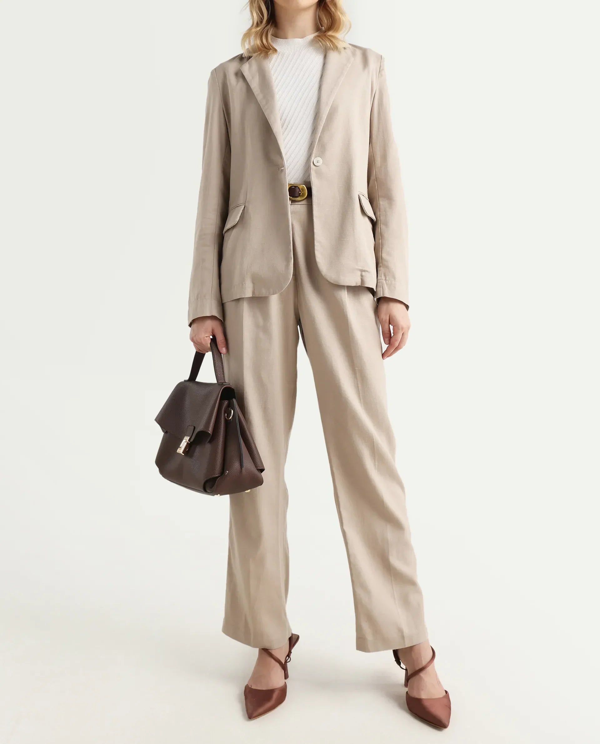 Rareism Women's Linzy-B Beige 100% Linen Straight Plain Trouser