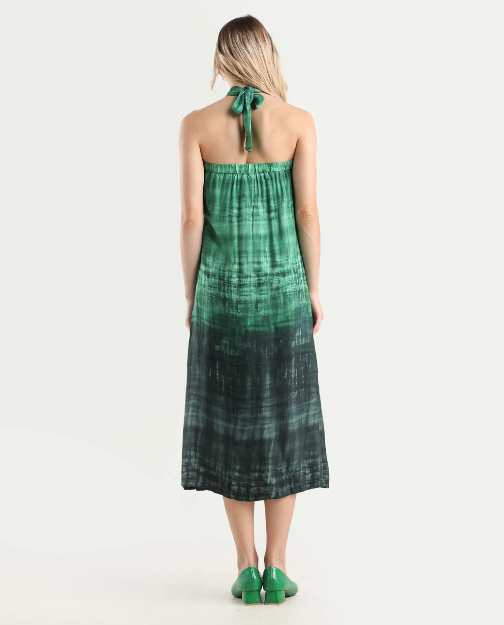 Rareism Women's Lipos Green Halter Neck Color Block Sleeveless Midi Regular Fit Dress