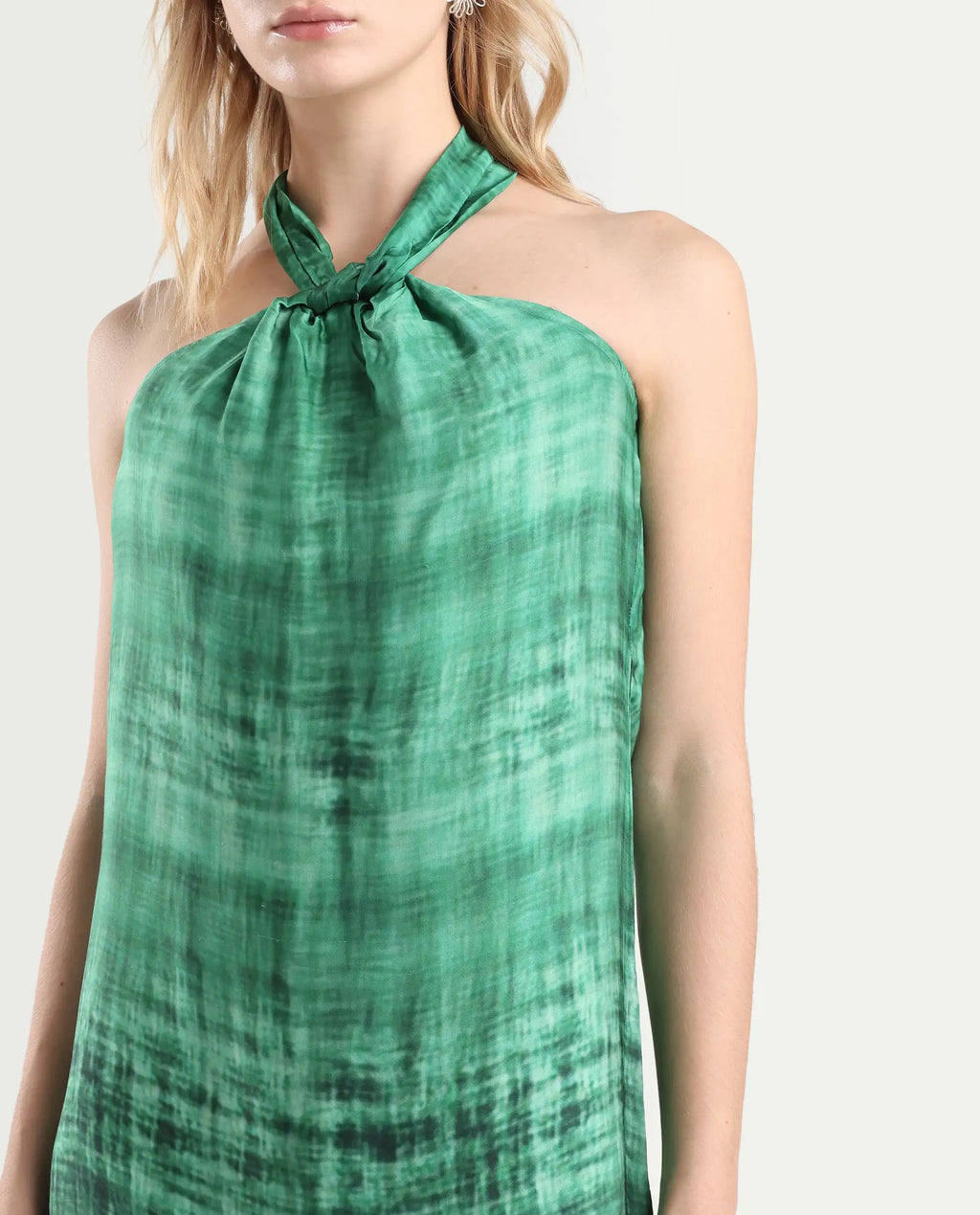 Rareism Women's Lipos Green Halter Neck Color Block Sleeveless Midi Regular Fit Dress