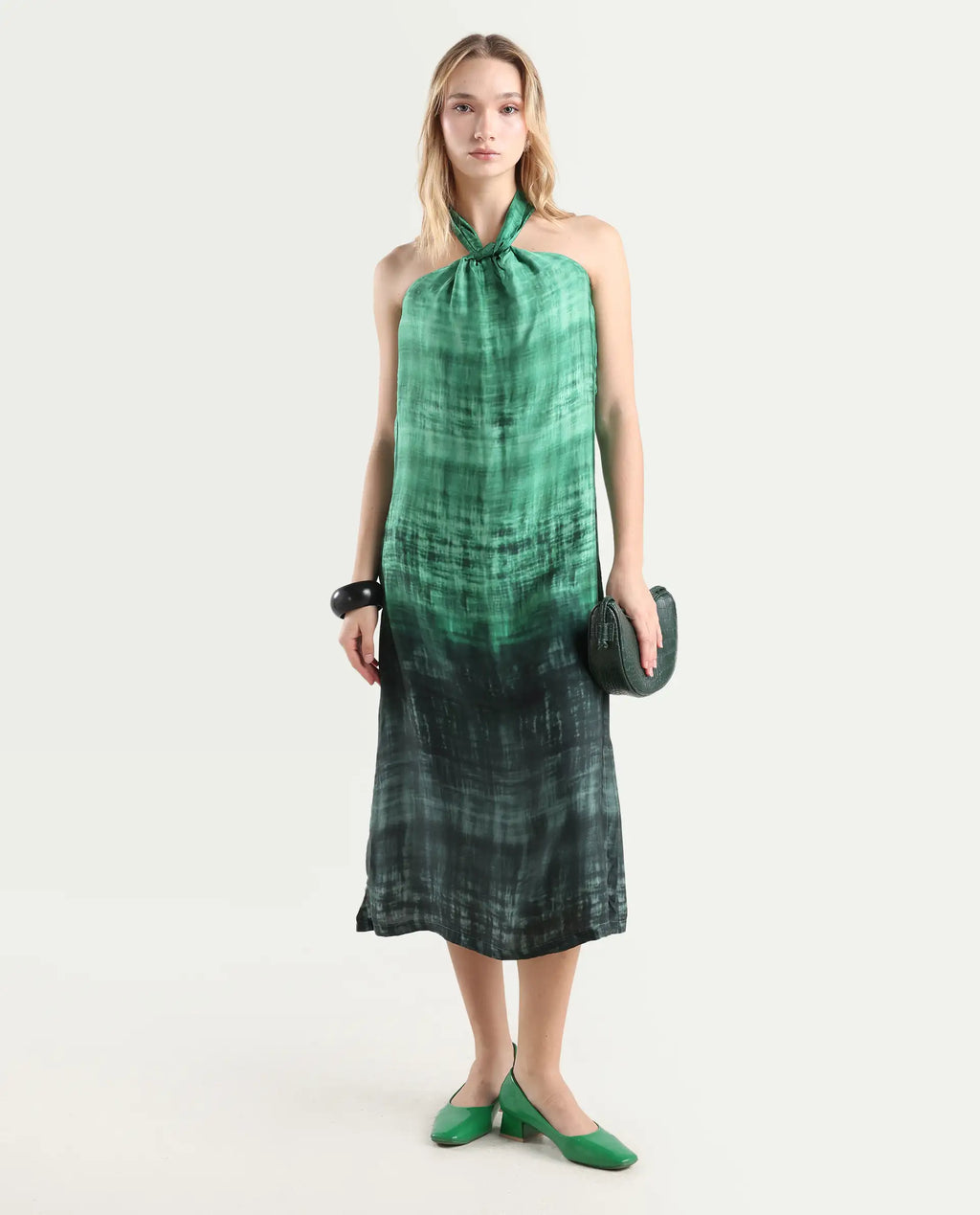 Rareism Women's Lipos Green Halter Neck Color Block Sleeveless Midi Regular Fit Dress