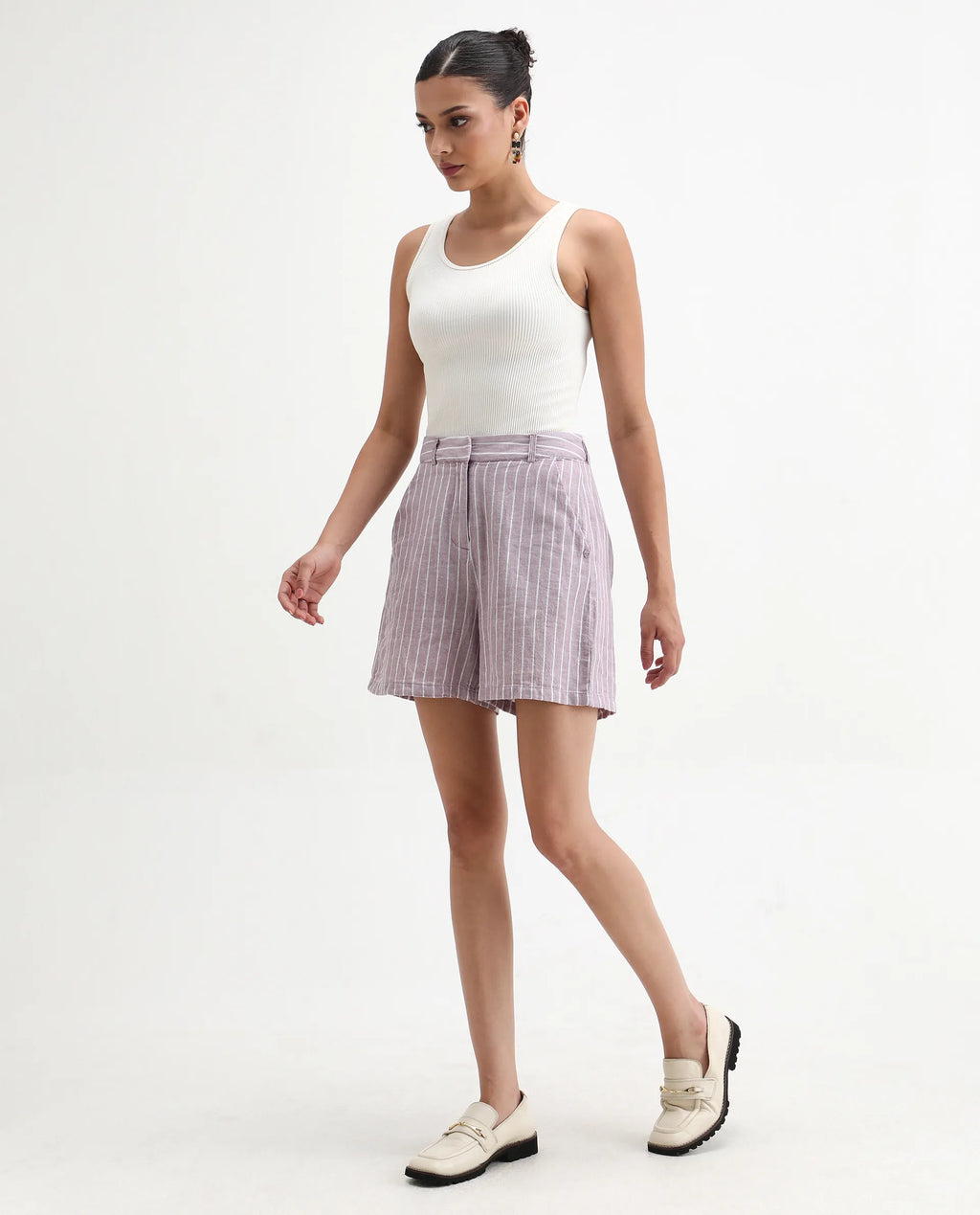 Rareism Women's Liya Purple Linen Striped Regular Fit Shorts