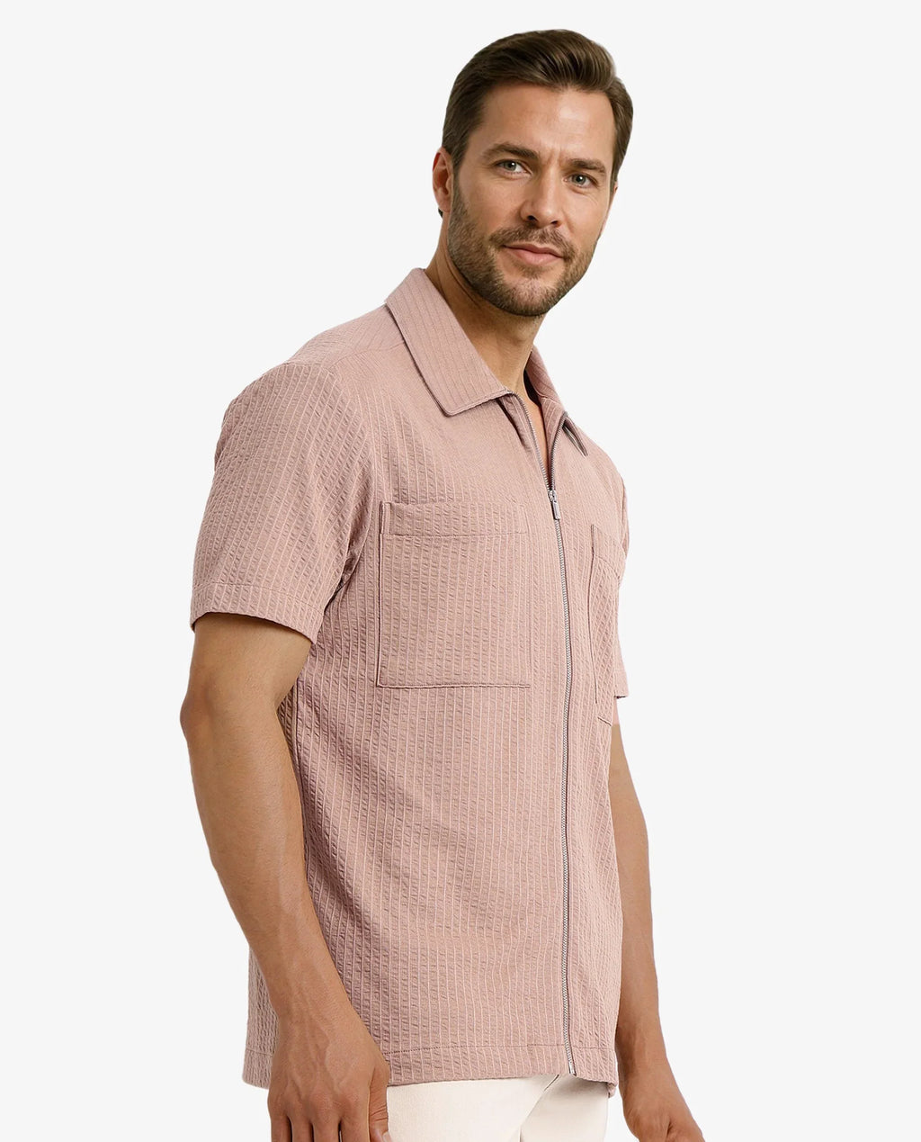 Rare Rabbit Men's Loomz Light Brown Cotton Textured Boxy Fit Half Sleeve Spread Collar Shirt