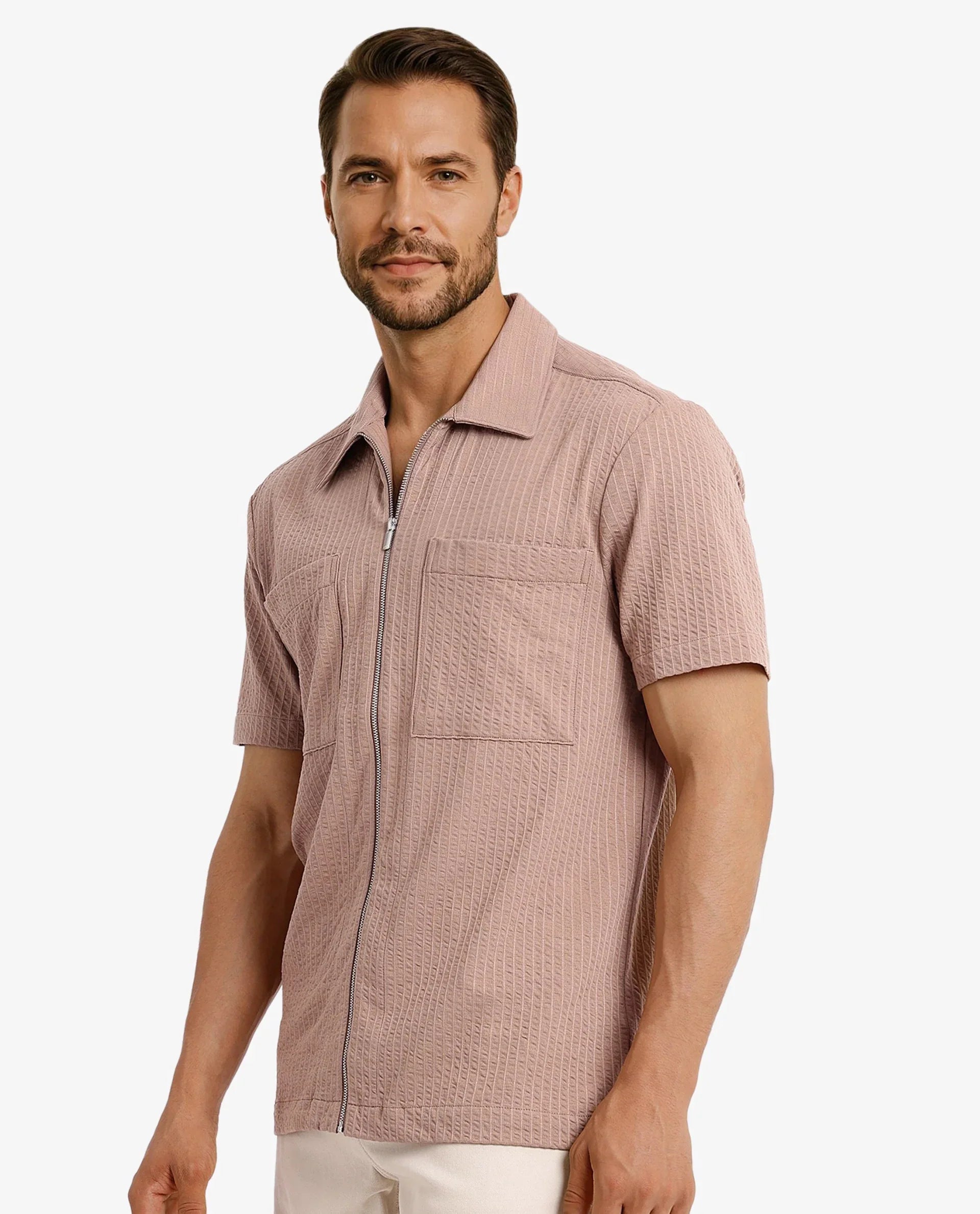 Rare Rabbit Men's Loomz Light Brown Cotton Textured Boxy Fit Half Sleeve Spread Collar Shirt