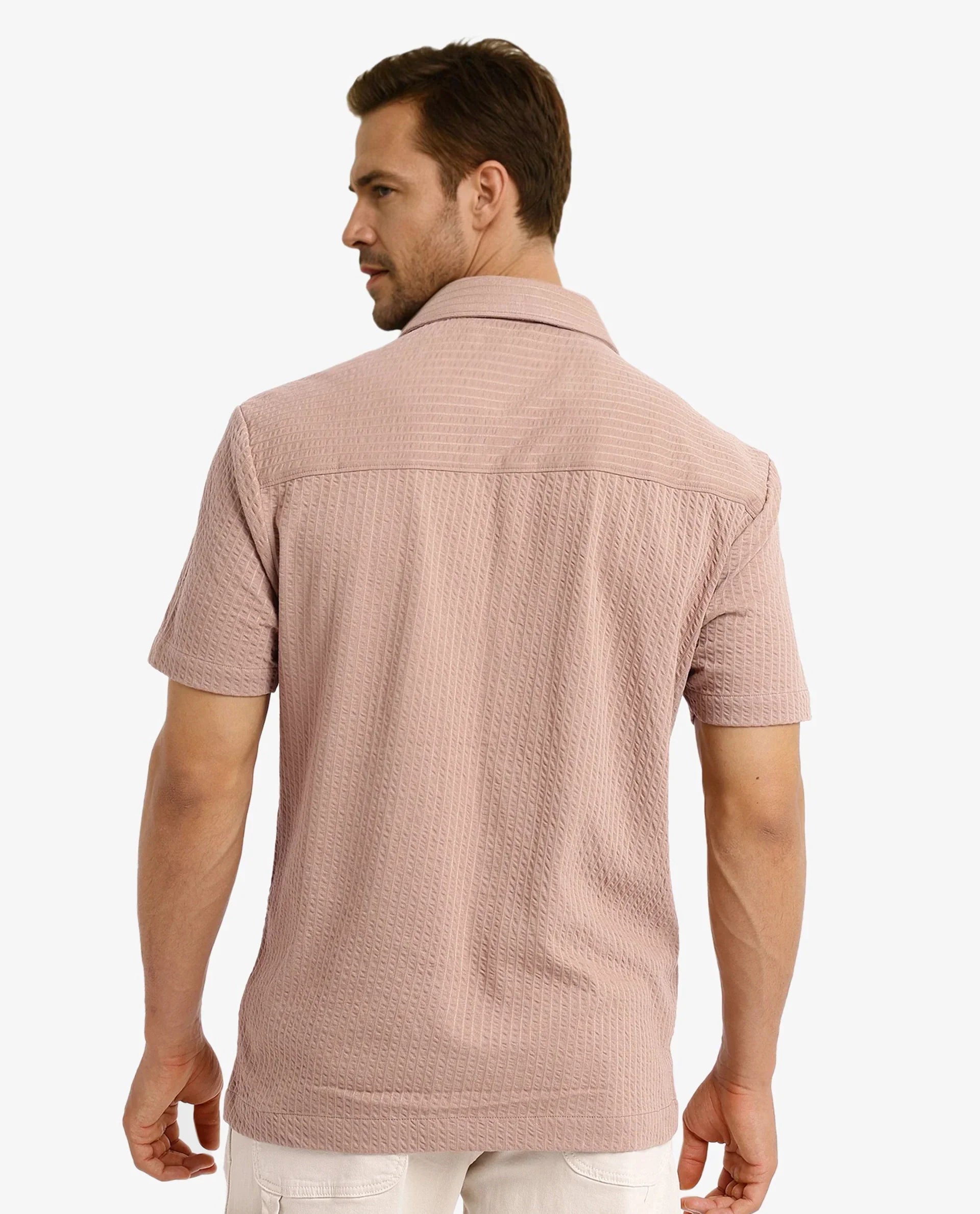 Rare Rabbit Men's Loomz Light Brown Cotton Textured Boxy Fit Half Sleeve Spread Collar Shirt