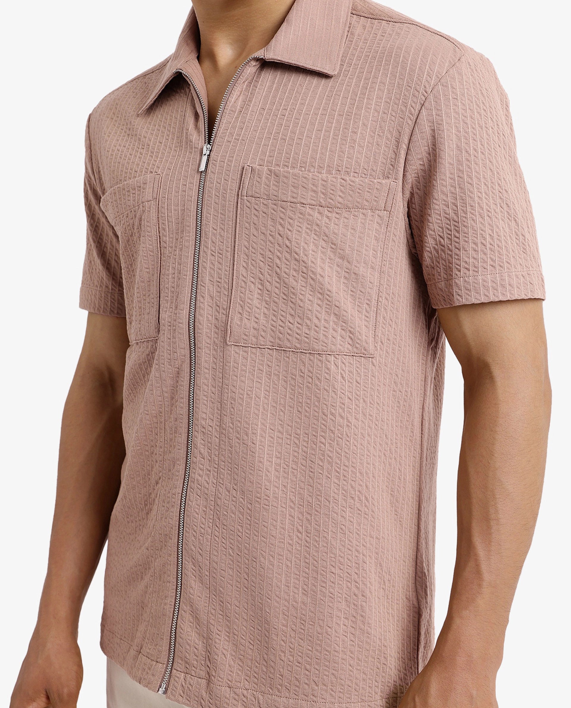 Rare Rabbit Men's Loomz Light Brown Cotton Textured Boxy Fit Half Sleeve Spread Collar Shirt
