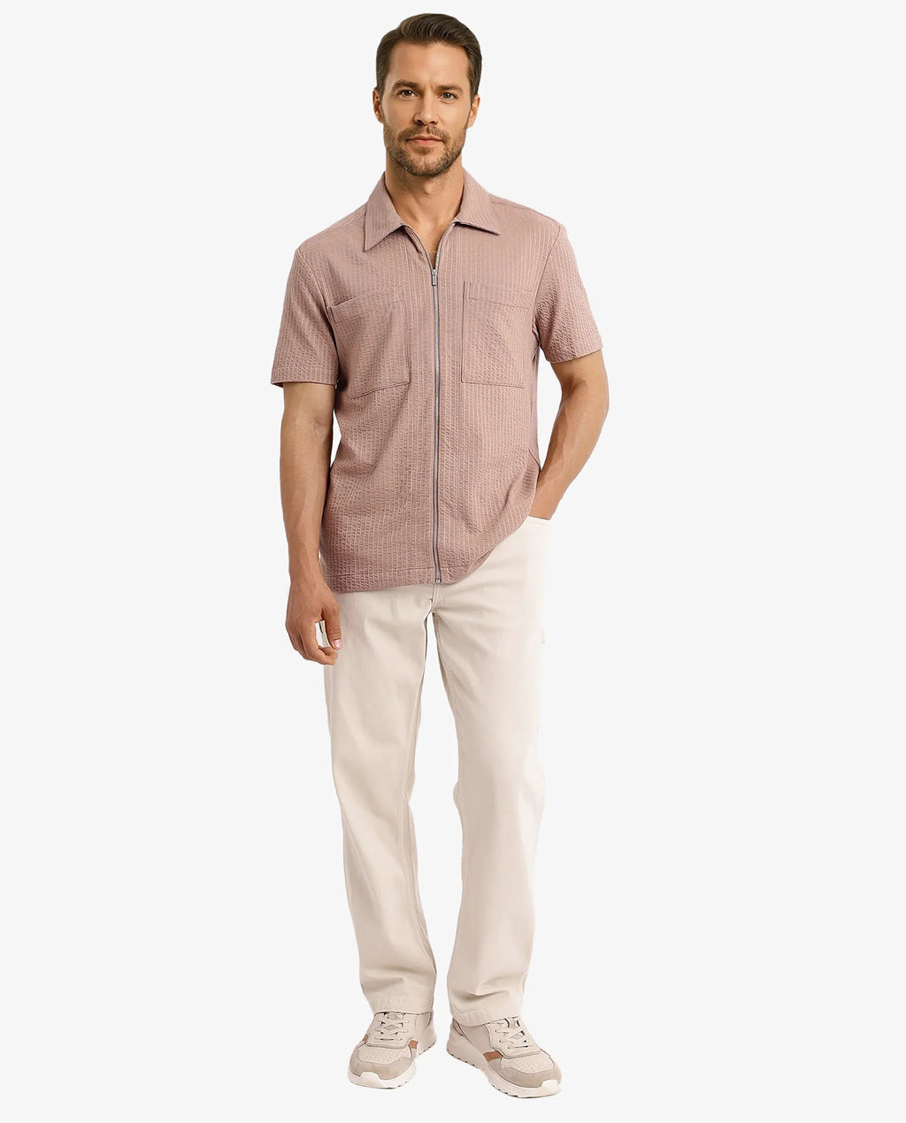 Rare Rabbit Men's Loomz Light Brown Cotton Textured Boxy Fit Half Sleeve Spread Collar Shirt