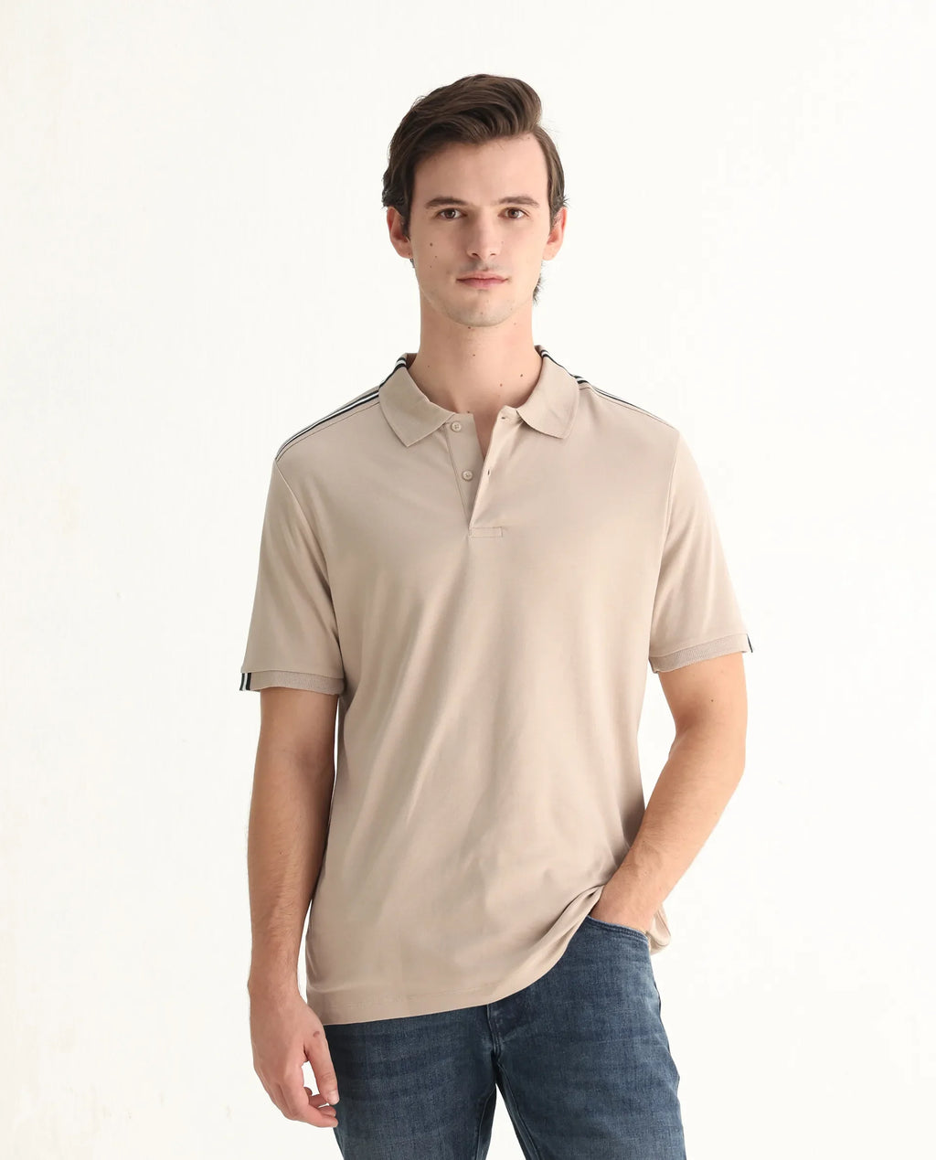 Rare Rabbit Men Loui Beige Cotton Fabric Striped Short Sleeve And Collar Neck Plain Polo