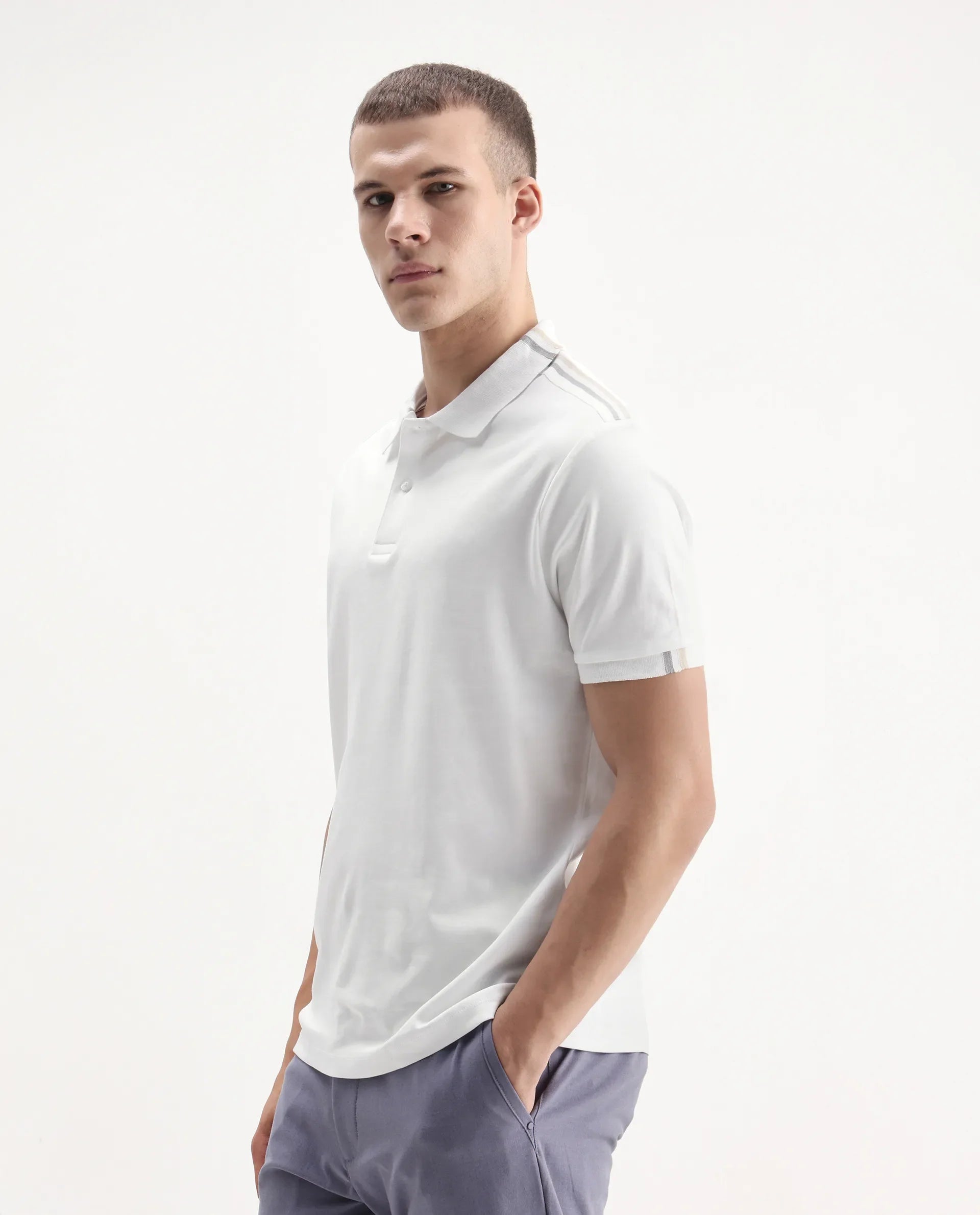 Rare Rabbit Men Loui Off White Cotton Fabric Striped Short Sleeve And Collar Neck Plain Polo